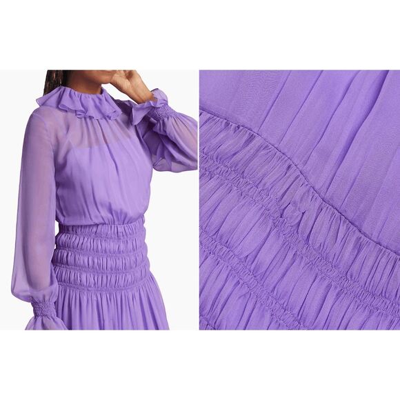 Adam Lippes Semi Sheer Silk Chiffon Ruffle Long-Sleeve Midi Dress Violet 10 $289 - Picture 3 of 14